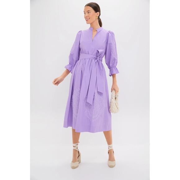 Hyacinth House Tuckernuck Midi Dress Medium Lilac Embroidered Puff Sleeve Cotton - Picture 14 of 14